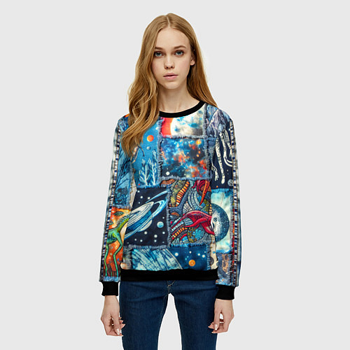 Женский свитшот Космические обитатели на дениме / 3D-Черный – фото 3