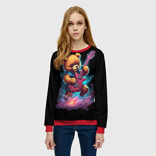 Женский свитшот Большой плюшевый медведь играет на гитаре / 3D-Красный – фото 3