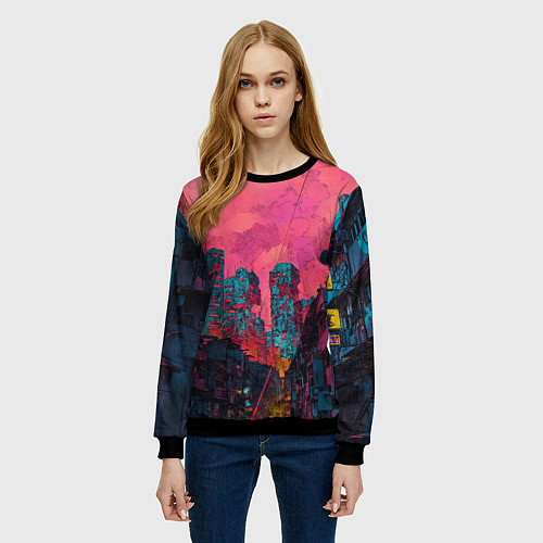 Женский свитшот Абстрактный город в неоновых цветах / 3D-Черный – фото 3