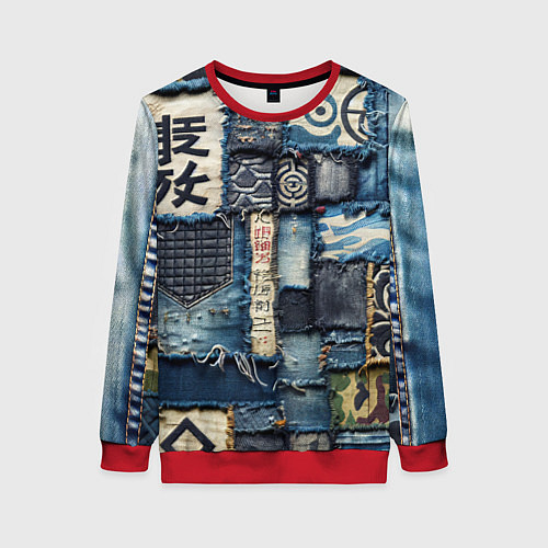 Женский свитшот Иероглифы на пэчворк дениме / 3D-Красный – фото 1