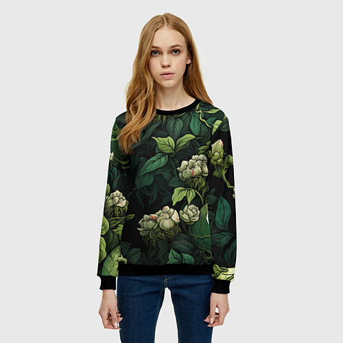 Женский свитшот Черепа в поле цветов / 3D-Черный – фото 3