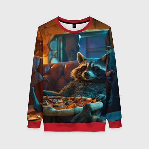 Женский свитшот Енот с пиццей на диване / 3D-Красный – фото 1