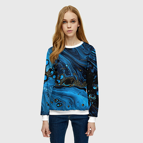 Женский свитшот Черные и синие сияющие волны / 3D-Белый – фото 3