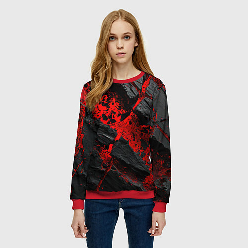Женский свитшот Красные разломы черных камней / 3D-Красный – фото 3