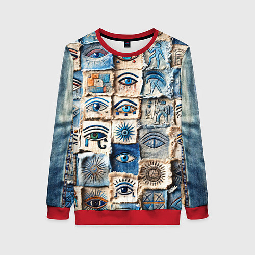 Женский свитшот Глаза на пэчворк дениме / 3D-Красный – фото 1