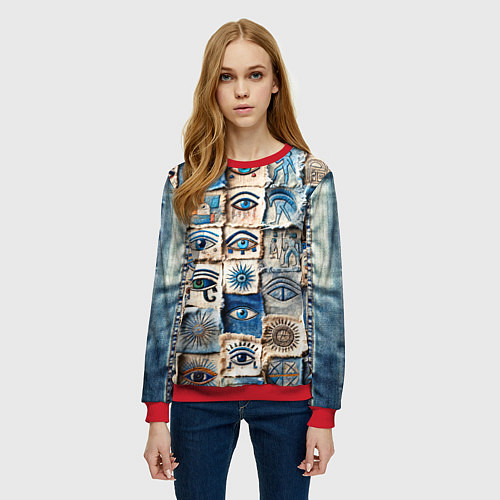 Женский свитшот Глаза на пэчворк дениме / 3D-Красный – фото 3