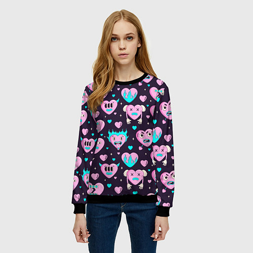 Женский свитшот Паттерн с арт сердцами / 3D-Черный – фото 3