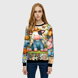 Свитшот женский Прикольный телёнок и его друзья - пэчворк, цвет: 3D-черный — фото 2