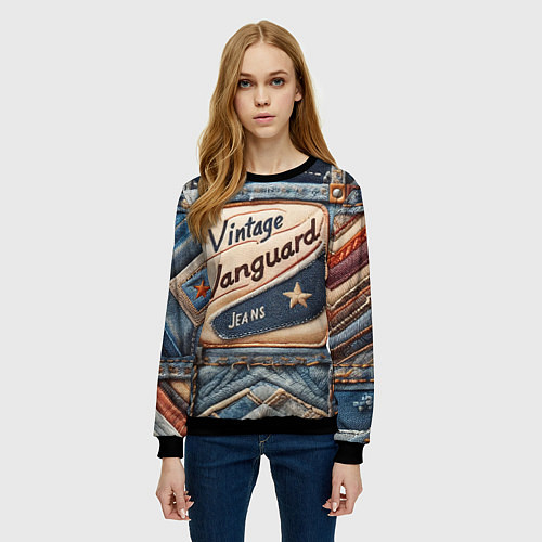 Женский свитшот Vintage vanguard jeans - patchwork / 3D-Черный – фото 3