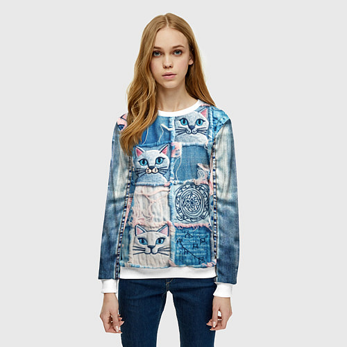 Женский свитшот Кошки на пэчворк джинсах паттерн / 3D-Белый – фото 3