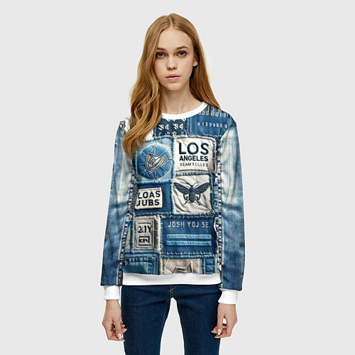 Женский свитшот Лос Анджелес на джинсах-пэчворк / 3D-Белый – фото 3