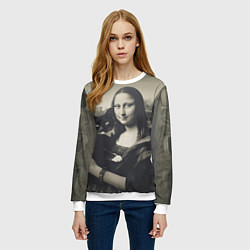 Свитшот женский Мона Лиза держит кота в черно белом цвете, цвет: 3D-белый — фото 2