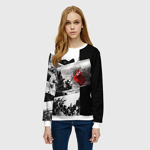Женский свитшот День победы 9 мая коллаж из фронтовых моментов / 3D-Белый – фото 3