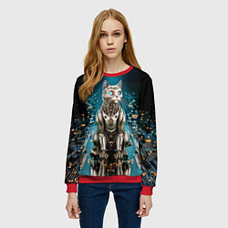 Свитшот женский Кибер кот сидит на печатной плате, цвет: 3D-красный — фото 2