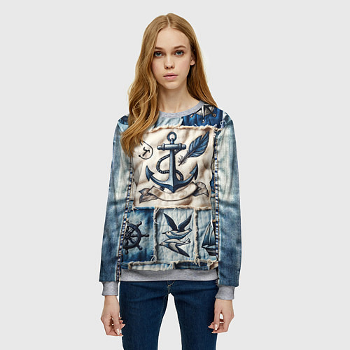 Женский свитшот Пэчворк с якорем - джинсовка моряка / 3D-Меланж – фото 3