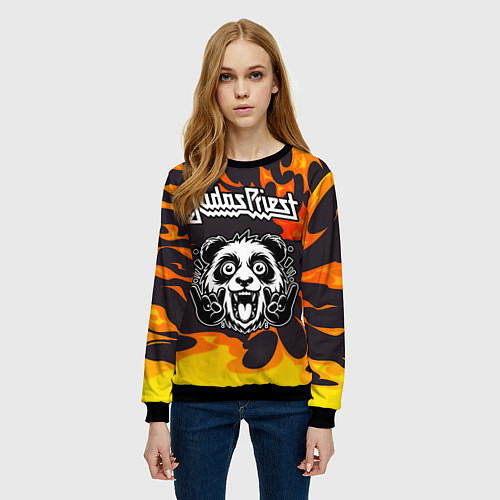 Женский свитшот Judas Priest рок панда и огонь / 3D-Черный – фото 3