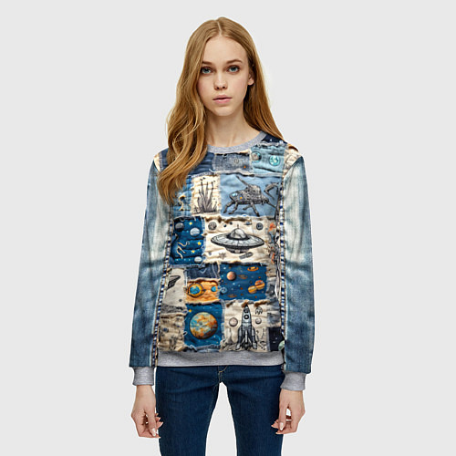 Женский свитшот Джинсовый пэчворк с пришельцами / 3D-Меланж – фото 3