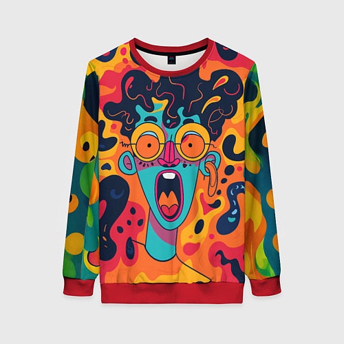 Женский свитшот Красочная абстракция с синим кричащим лицом / 3D-Красный – фото 1