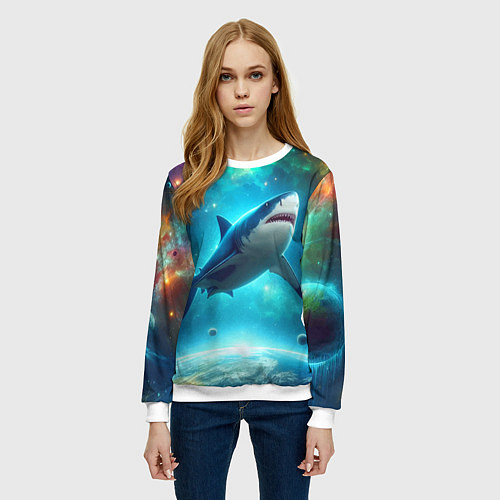 Женский свитшот Большая белая акула в космическом пространстве / 3D-Белый – фото 3