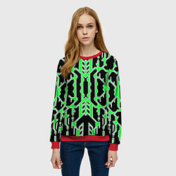 Свитшот женский Техно зелёные линии с белой обводкой на чёрном фон, цвет: 3D-красный — фото 2
