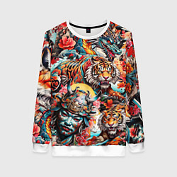 Свитшот женский Японская татуировка дракона тигра и самурая, цвет: 3D-белый