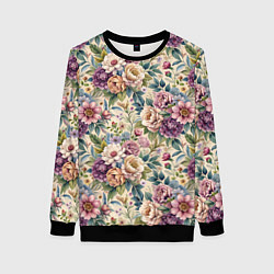 Свитшот женский Нежные цветочные мотивы паттерны, цвет: 3D-черный