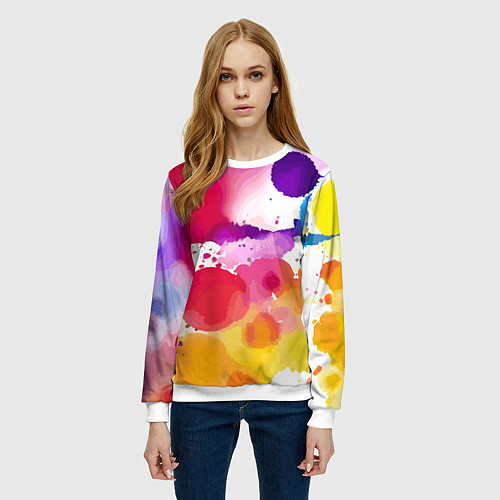 Женский свитшот Яркие абстрактные акварельные кляксы - нейросеть / 3D-Белый – фото 3