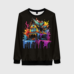 Свитшот женский Дом в цветных брызгах, цвет: 3D-черный