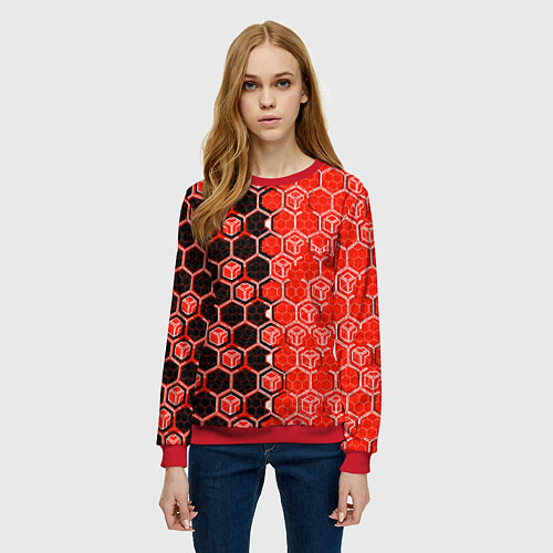 Женский свитшот Техно-киберпанк шестиугольники красный и чёрный / 3D-Красный – фото 3