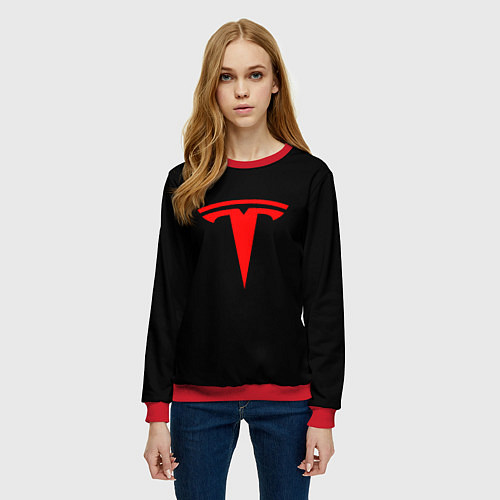 Женский свитшот Tesla red logo / 3D-Красный – фото 3