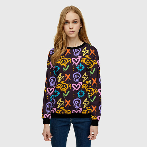 Женский свитшот Разноцветное граффити узор / 3D-Черный – фото 3