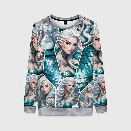Женский свитшот Русалки блондинки на паттерне / 3D-Меланж – фото 1
