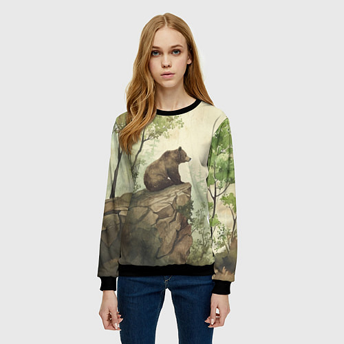 Женский свитшот Мишка на скале / 3D-Черный – фото 3