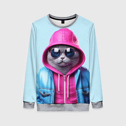 Свитшот женский Кот в капюшоне и очках, цвет: 3D-меланж