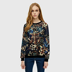 Свитшот женский Викинг-череп ворон, руны и молот Тора, цвет: 3D-черный — фото 2