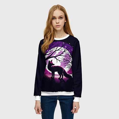 Женский свитшот Лис и лунная ночь / 3D-Белый – фото 3