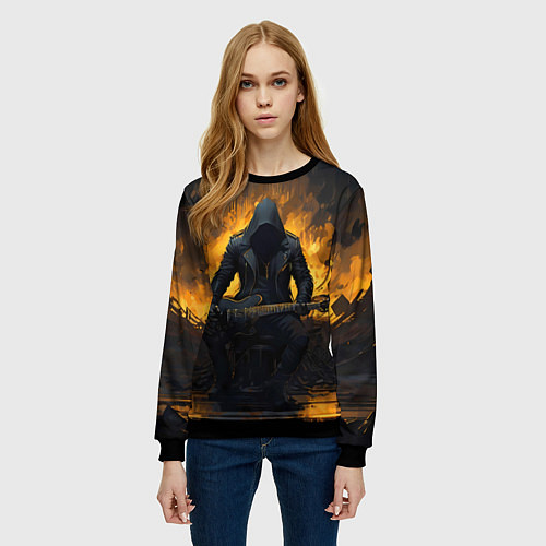 Женский свитшот Гитарист играющий в пламени / 3D-Черный – фото 3