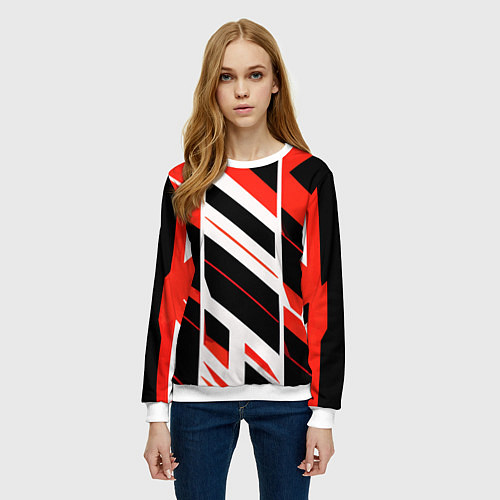 Женский свитшот Black and red stripes on a white background / 3D-Белый – фото 3