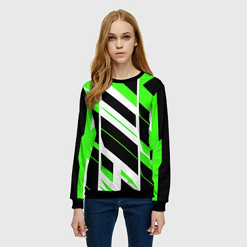 Женский свитшот Black and green stripes on a white background / 3D-Черный – фото 3