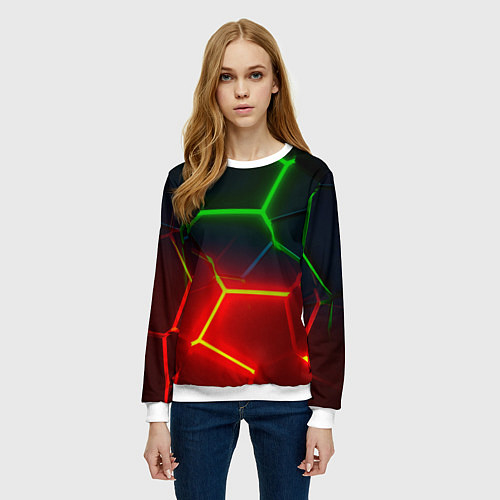 Женский свитшот Зеленые и красные неоновые плиты в разломе / 3D-Белый – фото 3