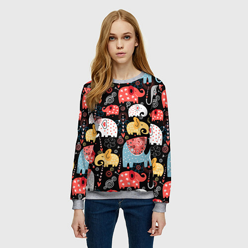 Женский свитшот Разноцветные слоны узор / 3D-Меланж – фото 3