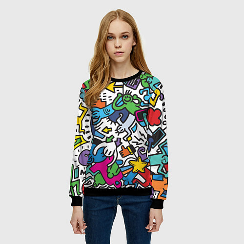 Женский свитшот Странные разноцветные человечки / 3D-Черный – фото 3