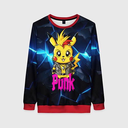 Женский свитшот Пикачу панк на фоне синего разлома / 3D-Красный – фото 1