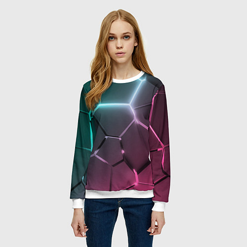 Женский свитшот Голубые и розовые неоновые плиты в разломе / 3D-Белый – фото 3