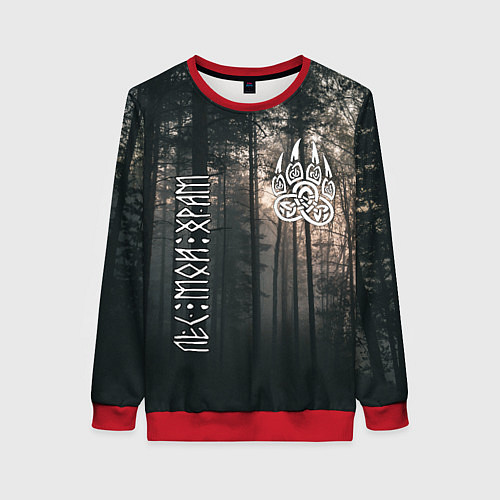 Женский свитшот Символ волчья лапа и сумрачный лес - лес мой храм / 3D-Красный – фото 1