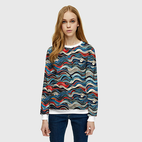 Женский свитшот Разноцветные абстрактные волны / 3D-Белый – фото 3