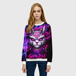 Свитшот женский Кот самурай в ярких фиолетовых оттенках, цвет: 3D-белый — фото 2
