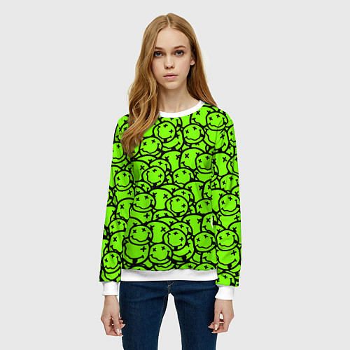 Женский свитшот Nirvana green logo smile / 3D-Белый – фото 3