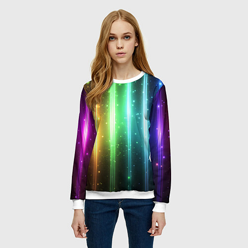 Женский свитшот Светящиеся яркие неоновые полосы в космосе / 3D-Белый – фото 3