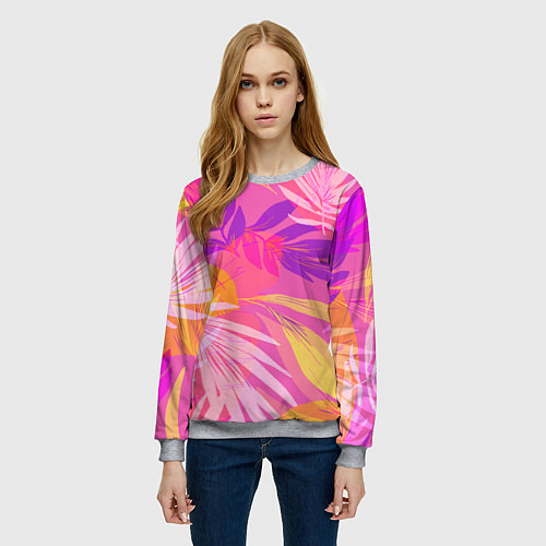 Женский свитшот Летний фон с цветными листьями в акварельном стиле / 3D-Меланж – фото 3